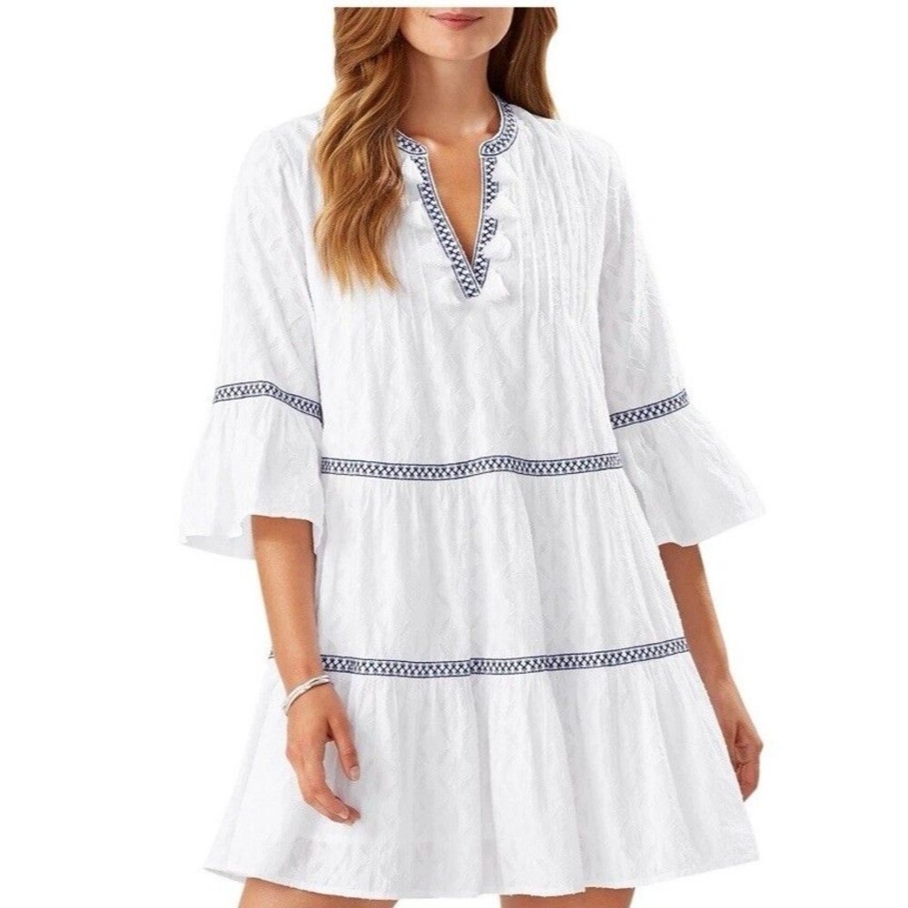 Tommy Bahama Embroidered Tiered Cotton Dress in White Size XS